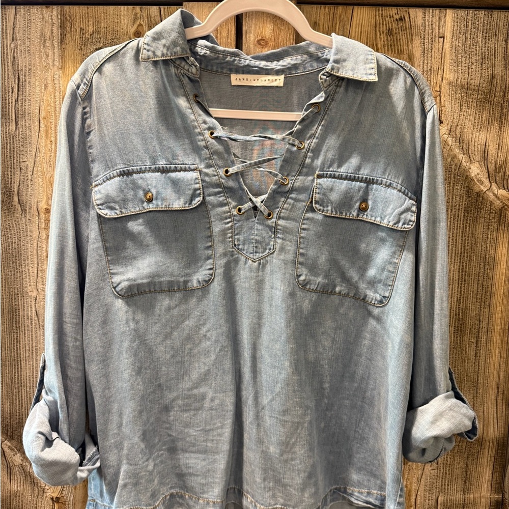 Jane and Delancey Light Blue Lace-Up Button Down Shirt